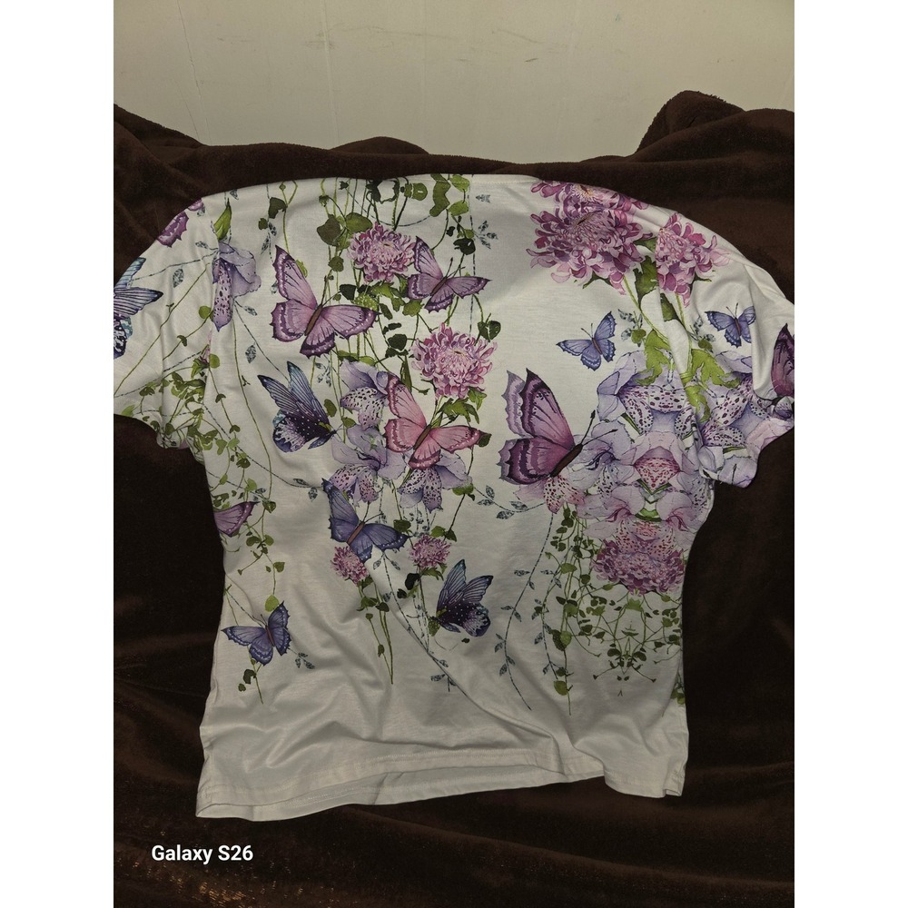 A4. Womens Butterfly Floral Print V-Neck Short Sleeve Top White Purple XXL - Picture 2 of 3